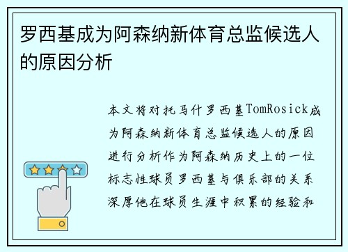 罗西基成为阿森纳新体育总监候选人的原因分析 罗西基成为阿森纳新体育总监候选人的原因分析